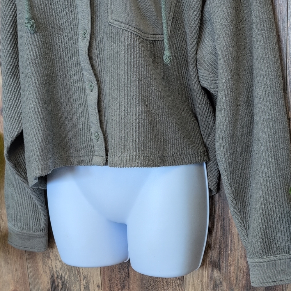 American Eagle Outfitters Olive Green Ribbed Crop Hoodie L M666 - Picture 4 of 7